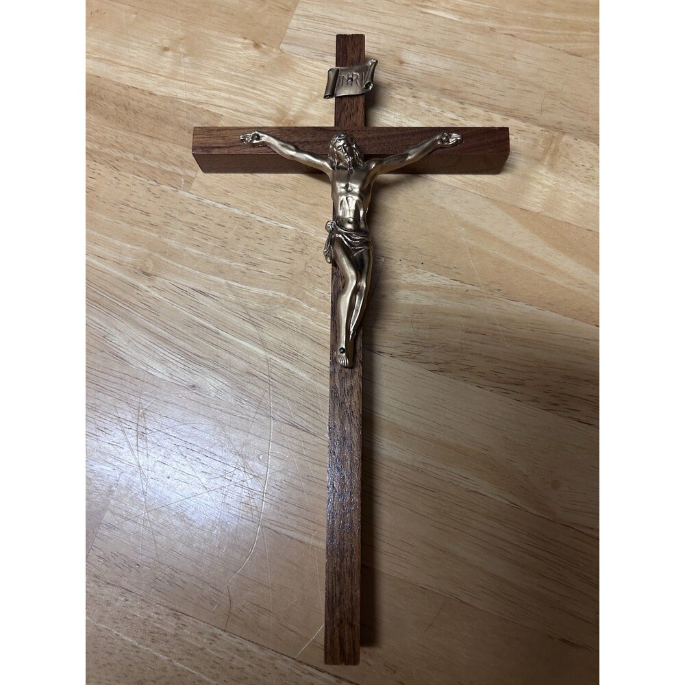 Vintage Brass Jesus Crucifix Cross Wall Hanging 10" INRI Walnut Religious